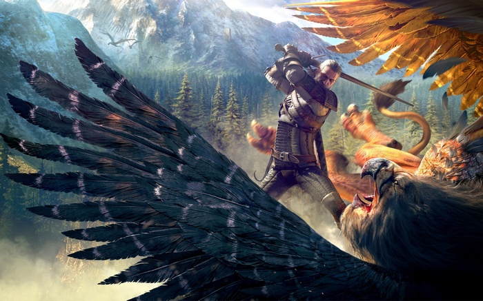 Geralt Fights a Griffin in The Witcher 3