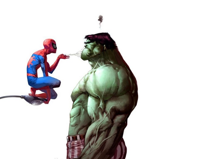 Spider-Man and Hulk in a humorous scene