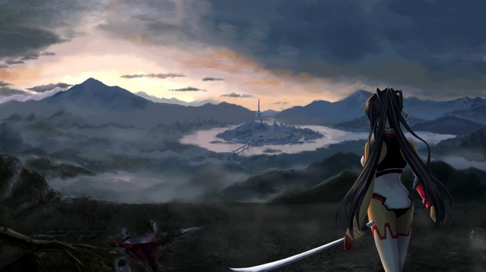 Shinonono Houki with sword overlooking a city
