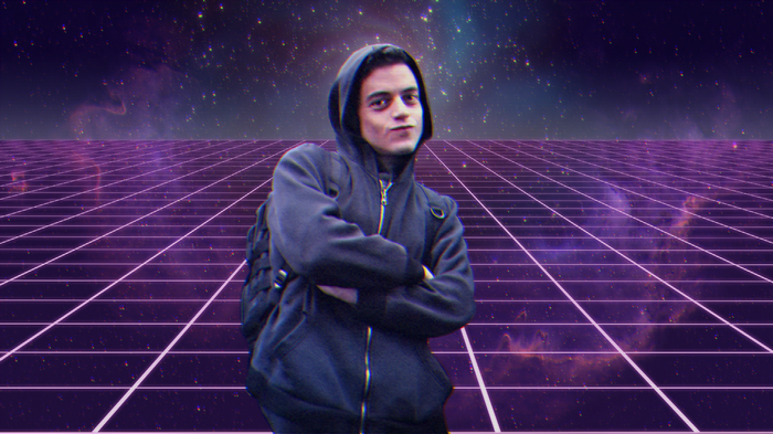 Elliot Alderson in a digital grid landscape