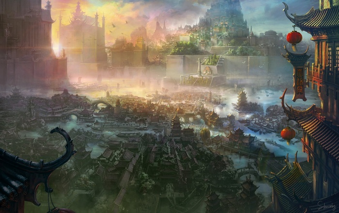 Ancient Imperial City with canals and pagodas