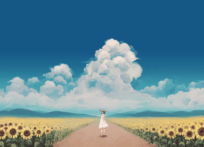 Anime girl in a white dress in a sunflower field