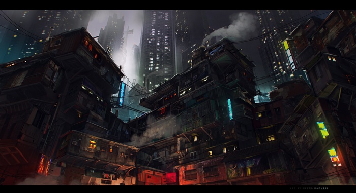 Dark cyberpunk city with tall buildings and neon lights