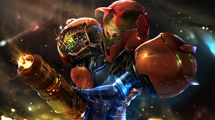 Samus Aran in Power Armor Firing Weapon