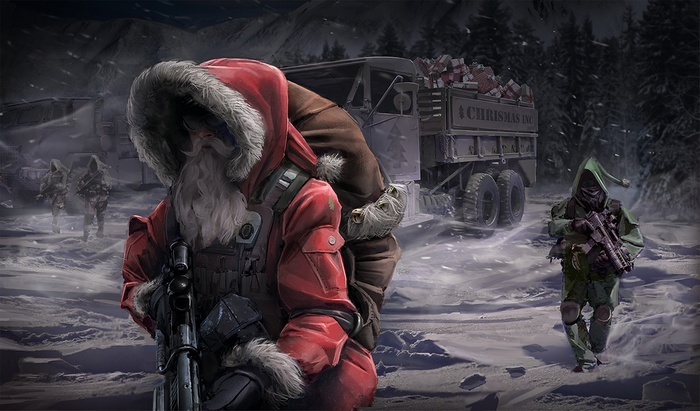 Santa and Elf Soldiers with Christmas Gifts