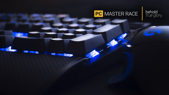 PC Master Race keyboard and Logitech mouse with blue lighting