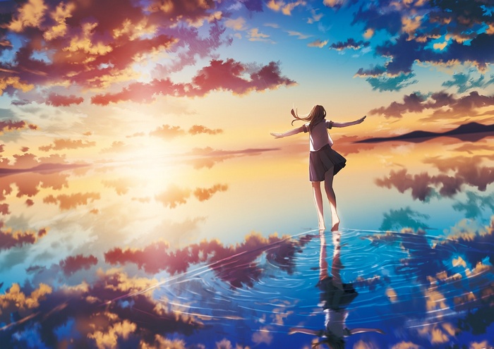 Anime girl in school uniform on water at sunset