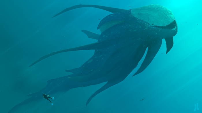 Giant sea monster and diver underwater