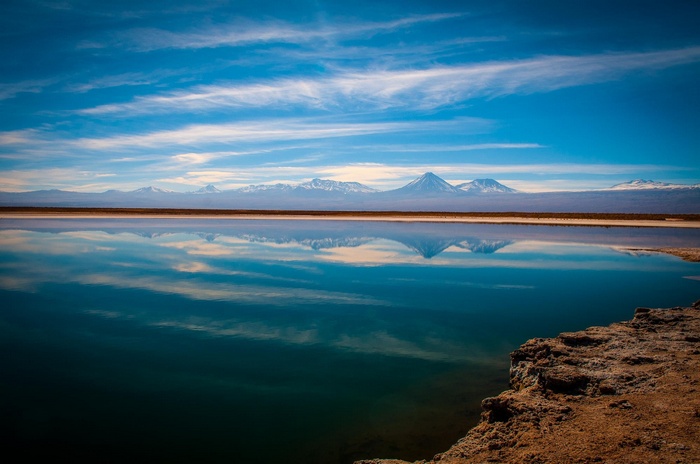 Mountains reflected in a lake in Atacama Desert, Chile