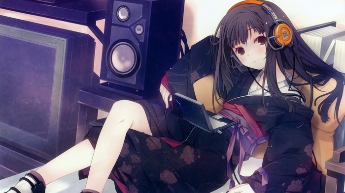 Anime girl with headphones and kimono listening to music