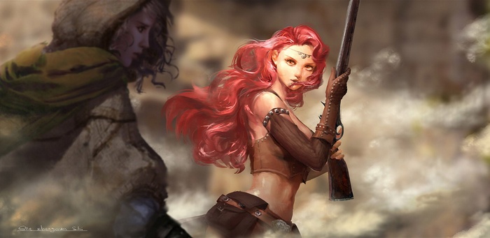 Redhead woman with a rifle and hooded figure