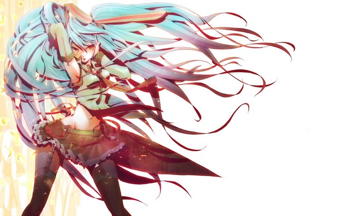 Hatsune Miku with flowing aqua hair and red ribbons