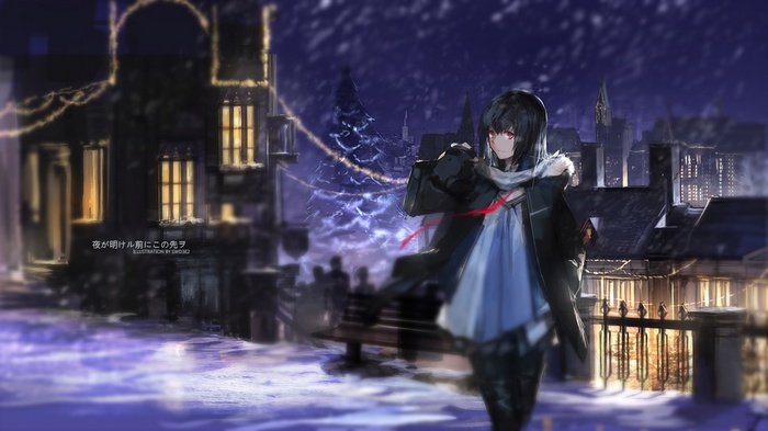 Anime girl in winter night with snow and Christmas lights