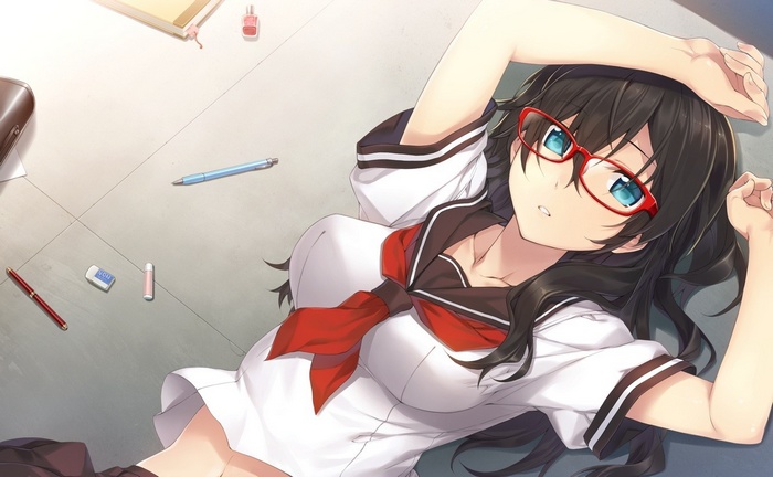 Anime girl with glasses in school uniform lying down