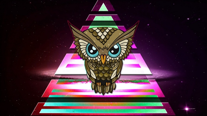 Owl on a colorful pyramid in space