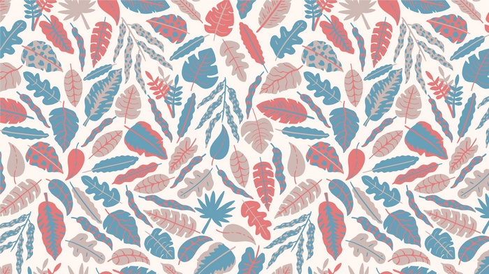 Pattern of tropical leaves in coral, blue, and beige