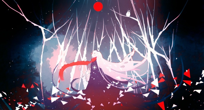 Girl with white hair and red scarf in a forest