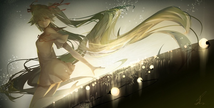 Hatsune Miku with flowing green twintails and glowing lights