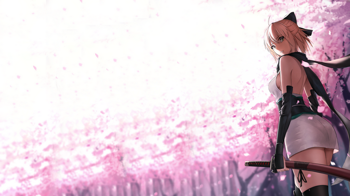 Sakura Saber with a katana among cherry blossoms