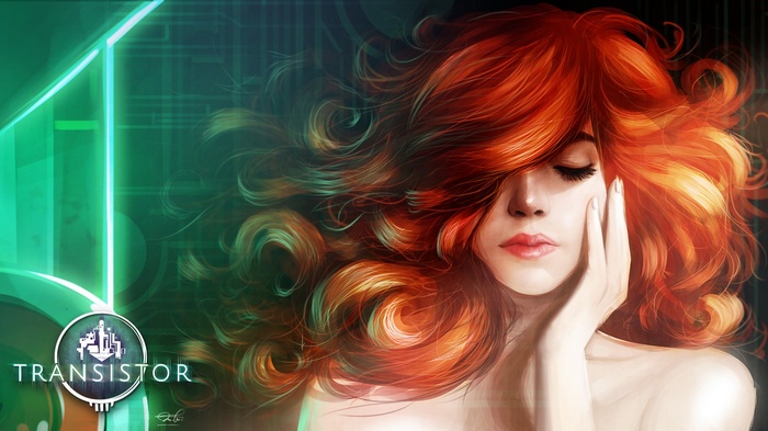 Redhead woman with flowing red hair, Transistor logo