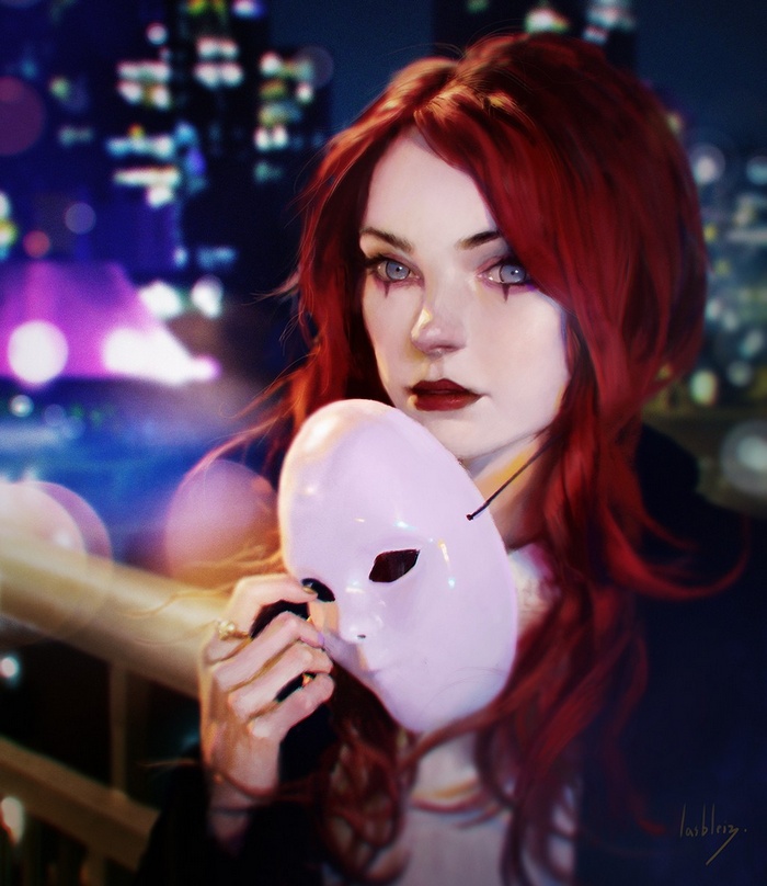 Woman with red hair holding a white mask