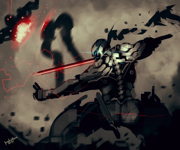 Cybernetic warrior with a red energy sword fighting