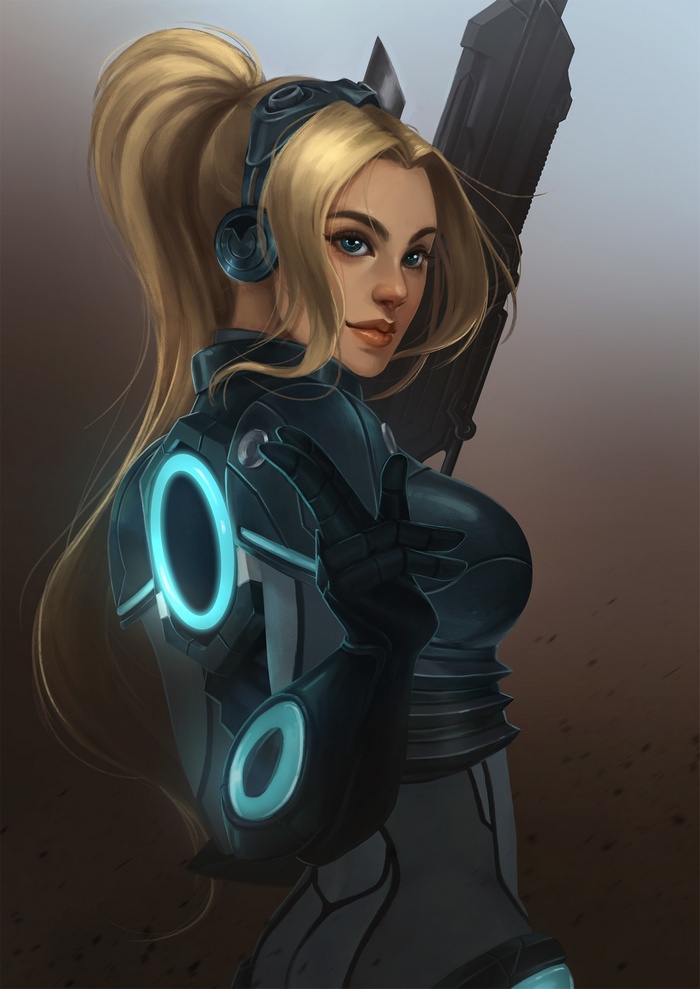 Nova Terra from StarCraft II holding a rifle