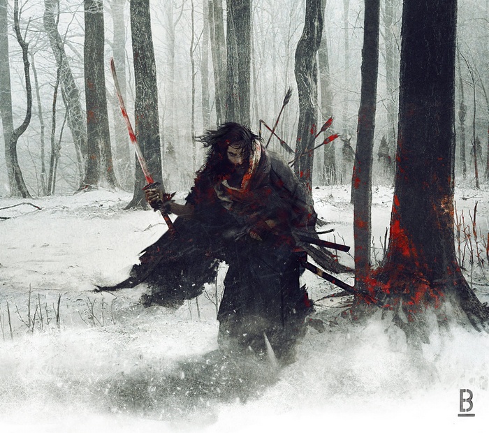 Samurai warrior with bloody sword in snowy forest