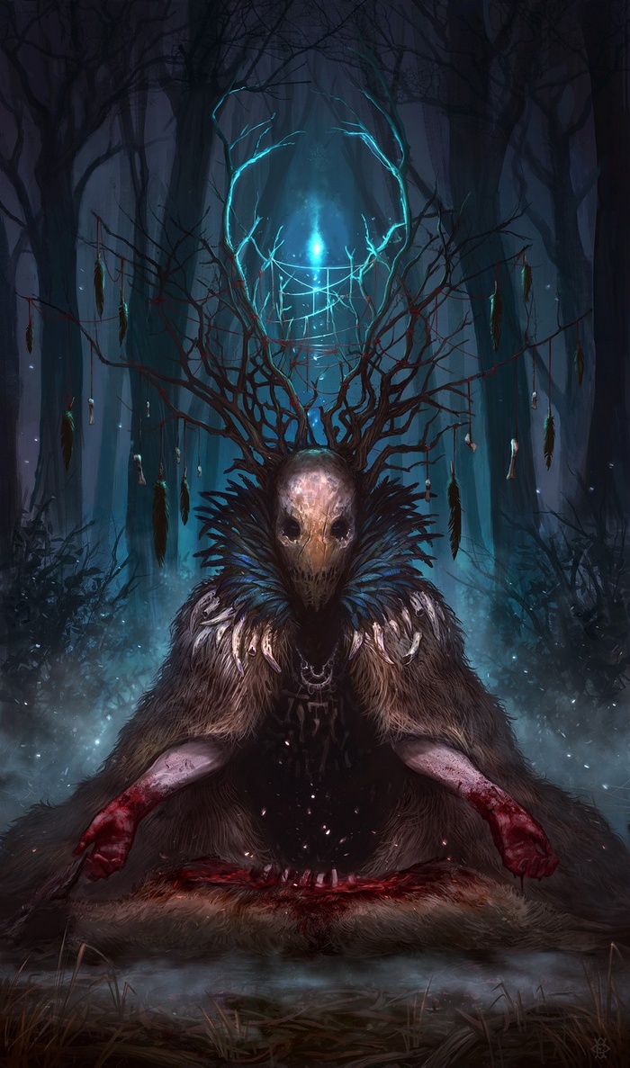Fantasy art of a creature in a dark forest