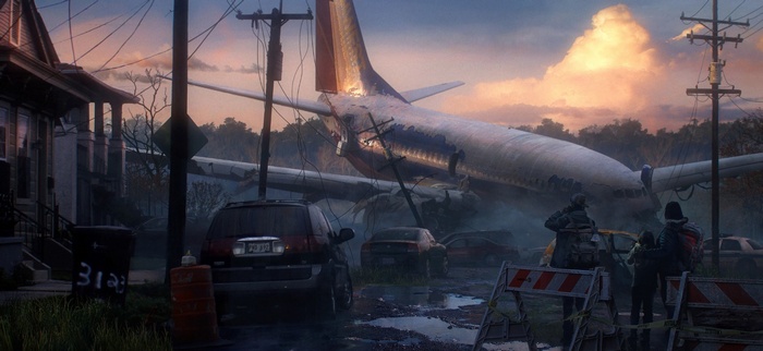 Apocalyptic scene with crashed Boeing 737 and survivors