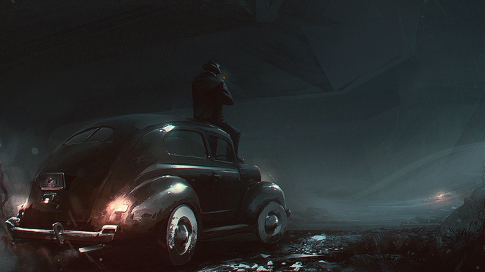 Man sitting on a classic car in a dark landscape