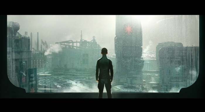 Futuristic city with a person looking out a window