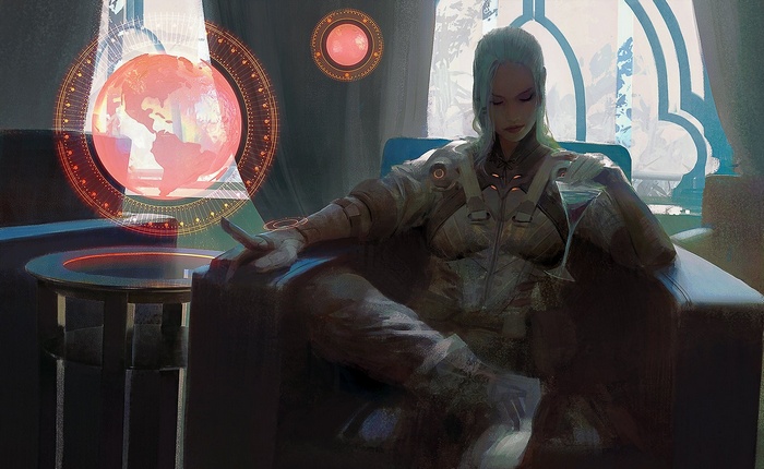 Woman in futuristic suit with holographic globe