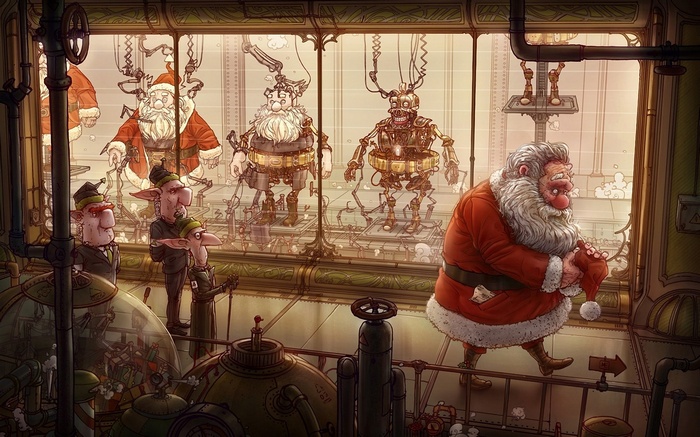 Robotic Santas being assembled in a factory by elves