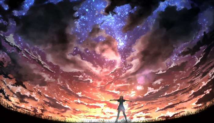Anime girl under a starry sky with clouds