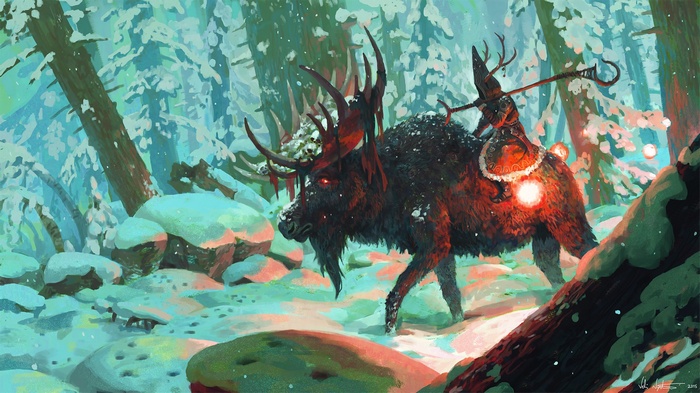 Fantasy artwork of a creature with antlers and a rider in a snowy forest