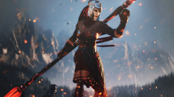 Skyforge warrior with glowing spear in mountains