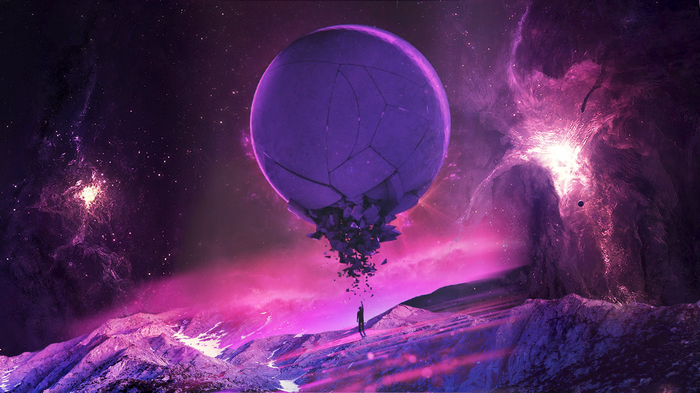 A broken purple planet in a pink and purple galaxy