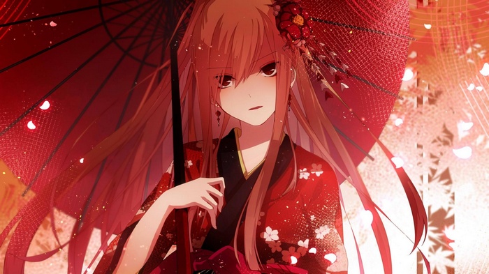 Anime girl in kimono holding a red umbrella