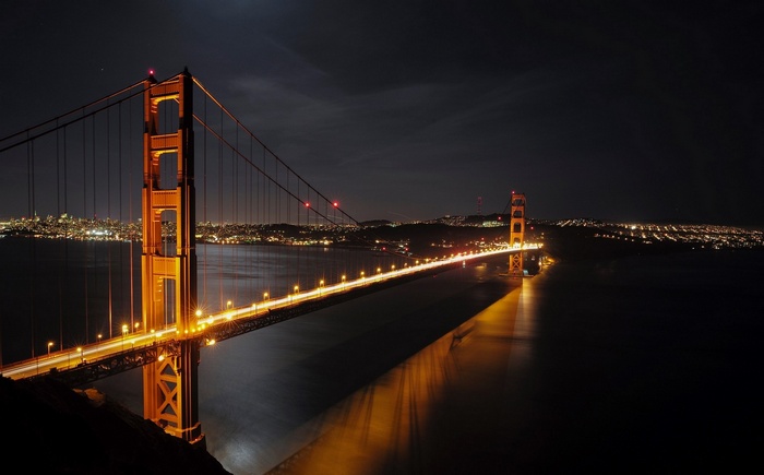 Golden Gate Bridge at night with city lights