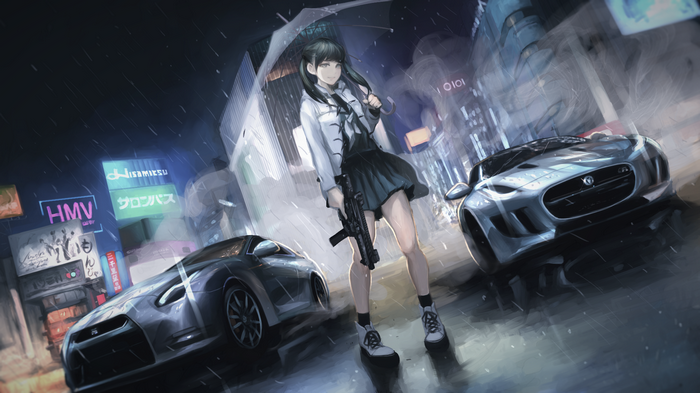 Anime girl with umbrella and gun in rainy city with cars