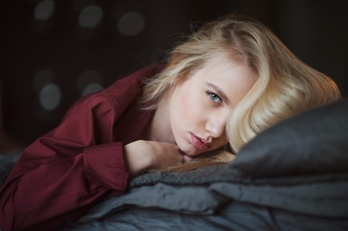 red shirt, face, portrait, blonde, Maxim Maximov, women, Maria Popova