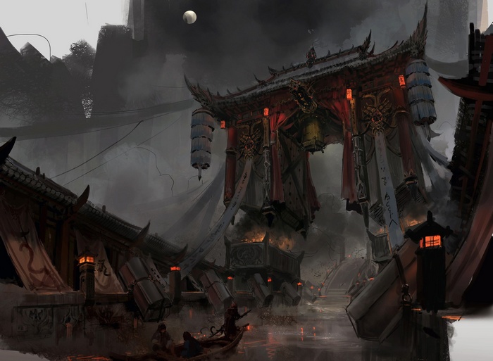 Digital art of a ruined temple with a boat