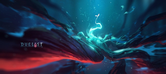 Duelyst artwork with glowing plant and dark landscape