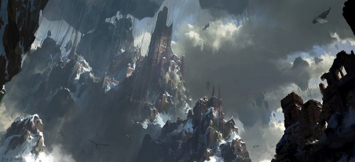 Digital artwork of a fantasy mountain fortress