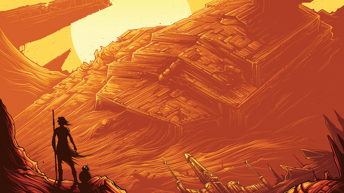 Rey and BB-8 on Jakku with Star Destroyer