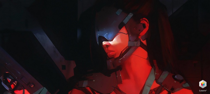 Futuristic woman in sci-fi armor with red lighting
