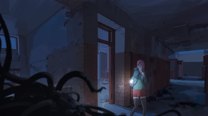 Atey Ghailan anime girl with flashlight in abandoned building