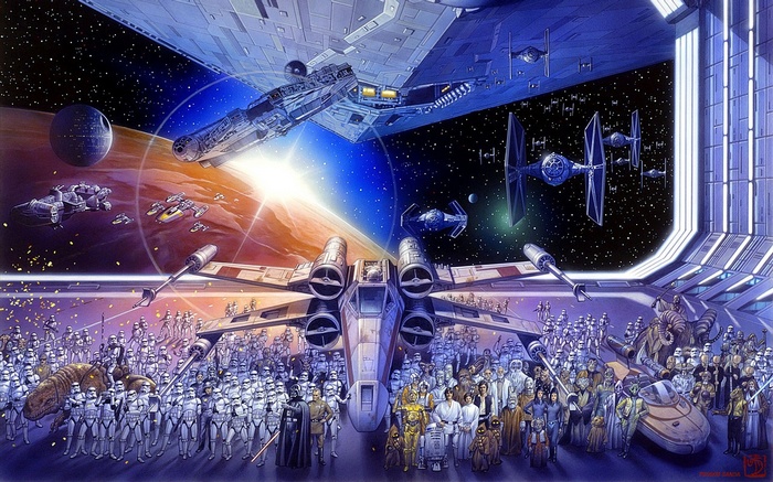 Star Wars characters and spacecraft in space