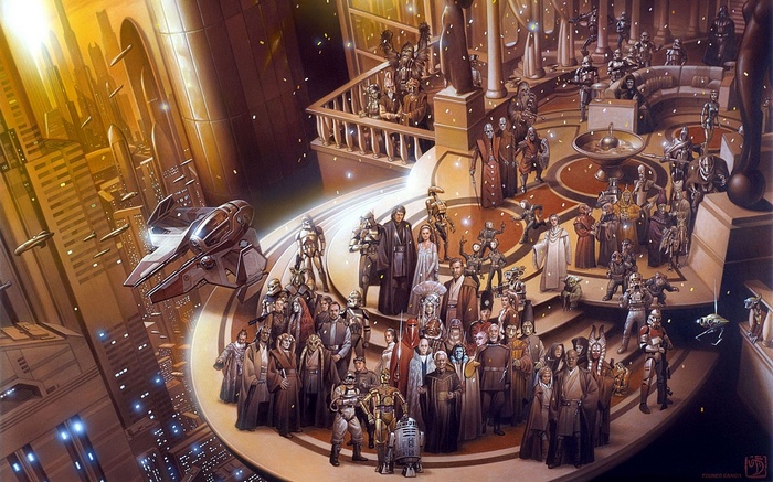Star Wars characters gathered in a grand hall